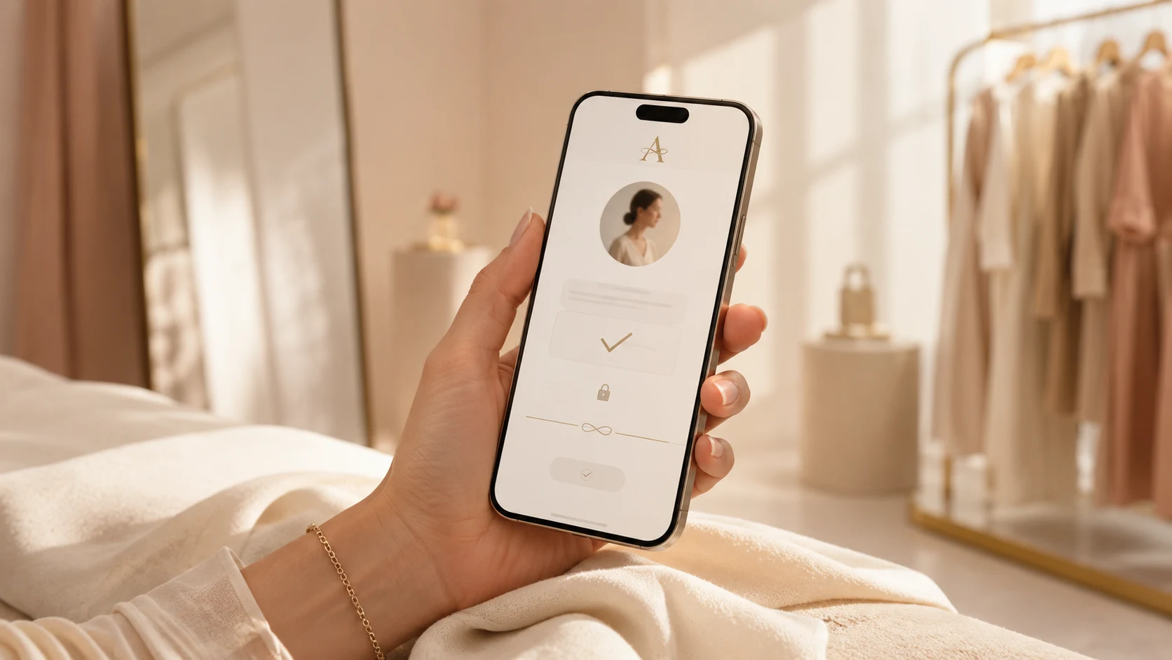Interface elegante de consentimento para uso de fotos no provador virtual da Abcielli.