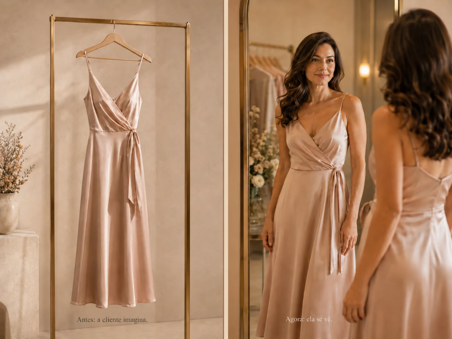 Comparação entre ver uma peça sozinha e se ver usando o look.